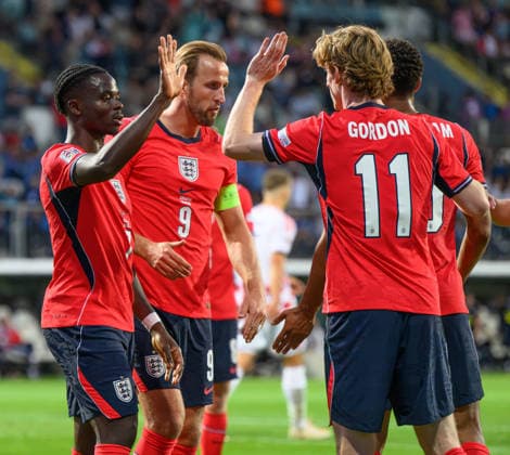 03 October 2026 - Croatia v England - UEFA Nations League - Stadion HNK - Rijeka - Croatia. Croatia v England - UEFA Nations League - Stadion HNK - Rijeka - Croatia. England s Bukayo Saka celebrates his goal with Anthony Gordon, Harry Kane and Jude Bellingham. Picture : Mark Pain RIJEKA CROATIA Copyright: xMarkxPainx