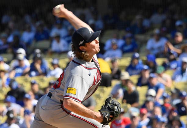 Atlanta Braves starting pitcher Dylan Dodd throws a pitch in the first inning against the Los Angeles Dodgers in game one of the National League Division Series at Dodger Stadium on Saturday, October 3, 2026 in Los Angeles, California. LAP202610033005 JIMxRUYMEN