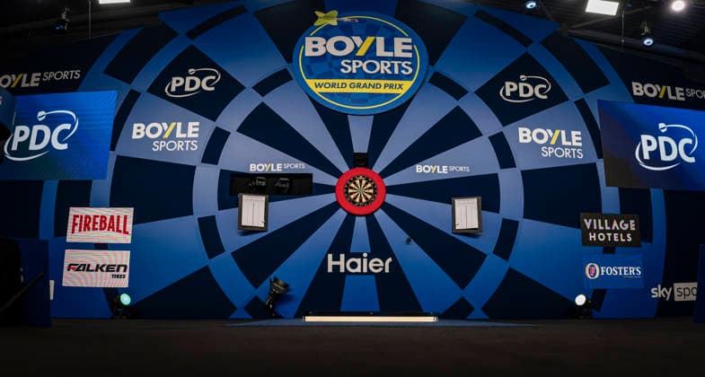 RECORD DATE NOT STATED 3rd October 2026; Mattioli Arena, Leicester, England; PDC World Grand Prix Darts Day 6; View of the inside of the Mattioli Arena showing the stage board GodfreyxPitt