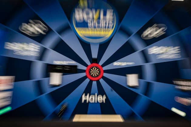 RECORD DATE NOT STATED 3rd October 2026; Mattioli Arena, Leicester, England; PDC World Grand Prix Darts Day 6; View of the inside of the Mattioli Arena showing the stage board GodfreyxPitt