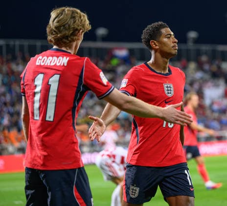 03 October 2026 - Croatia v England - UEFA Nations League - Stadion HNK - Rijeka - Croatia. Croatia v England - UEFA Nations League - Stadion HNK - Rijeka - Croatia. England s Jude Bellingham celebrates his goal with Anthony Gordon. Picture : Mark Pain RIJEKA CROATIA Copyright: xMarkxPainx