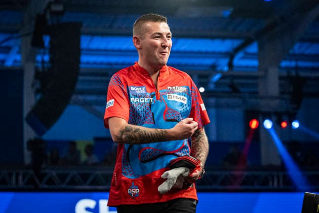 RECORD DATE NOT STATED 3rd October 2026; Mattioli Arena, Leicester, England; PDC World Grand Prix Darts Day 6; An unhappy Nathan Aspinall leaves the stage after losing his semi final match against Gerwyn Price GodfreyxPitt