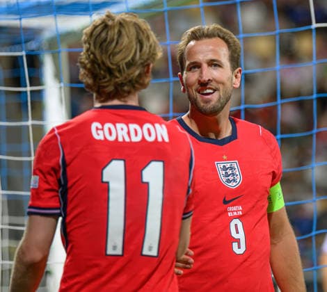 03 October 2026 - Croatia v England - UEFA Nations League - Stadion HNK - Rijeka - Croatia. Croatia v England - UEFA Nations League - Stadion HNK - Rijeka - Croatia. England s Harry Kane celebrates his second goal with Anthony Gordon. Picture : Mark Pain RIJEKA CROATIA  Copyright: xMarkxPainx