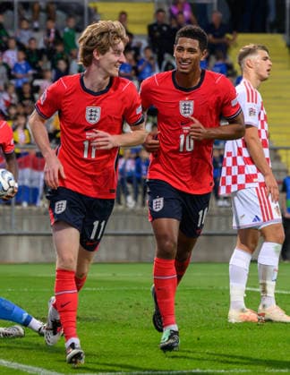 03 October 2026 - Croatia v England - UEFA Nations League - Stadion HNK - Rijeka - Croatia. Croatia v England - UEFA Nations League - Stadion HNK - Rijeka - Croatia. England s Anthony Gordon celebrates his goal with Jude Bellingham. Picture : Mark Pain RIJEKA CROATIA Copyright: xMarkxPainx
