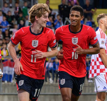 03 October 2026 - Croatia v England - UEFA Nations League - Stadion HNK - Rijeka - Croatia. Croatia v England - UEFA Nations League - Stadion HNK - Rijeka - Croatia. England s Anthony Gordon celebrates his goal with Jude Bellingham. Picture : Mark Pain RIJEKA CROATIA  Copyright: xMarkxPainx
