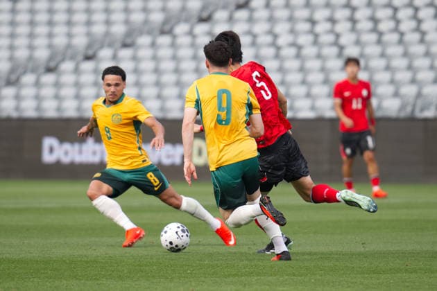Australia Vs Korea Republic in Gosford - 03 Oct 2026 Ko Jonghyun (R) of Korea Republic football team, Rhys Youlley (LO) and Medin Merneti (R) of Australia football team seen in action during the U23 International Friendlies match between Australia and Korea Republic held at polytec Stadium. Final score; Australia 1:2 Korea Republic. Gosford Australia Copyright: xLuisxVeniegrax xSOPAxImagesx 20261003_FAIF_LuisVeniegra3304