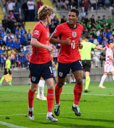 03 October 2026 - Croatia v England - UEFA Nations League - Stadion HNK - Rijeka - Croatia. Croatia v England - UEFA Nations League - Stadion HNK - Rijeka - Croatia. England s Anthony Gordon celebrates his goal with Jude Bellingham. Picture : Mark Pain RIJEKA CROATIA Copyright: xMarkxPainx