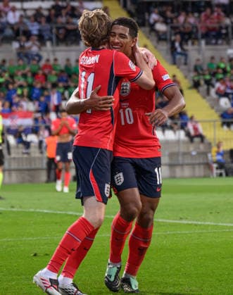03 October 2026 - Croatia v England - UEFA Nations League - Stadion HNK - Rijeka - Croatia. Croatia v England - UEFA Nations League - Stadion HNK - Rijeka - Croatia. England s Anthony Gordon celebrates his goal with Jude Bellingham. Picture : Mark Pain RIJEKA CROATIA Copyright: xMarkxPainx