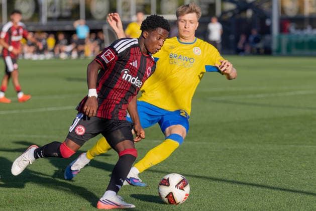 Eintracht Frankfurt vs. Eintracht Braunschweig, Friendly Match: Lawrence Setordjie (Eintracht Frankfurt, 48) vs. Tristan Wagner (Braunschweig, 26). Friendly match between Eintracht Frankfurt and Eintracht Braunschweig on October 2, 2026, at Deutsche Bank Park in Frankfurt am Main, Frankfurt am Main, Hesse, Germany, Deutsche Bank Park