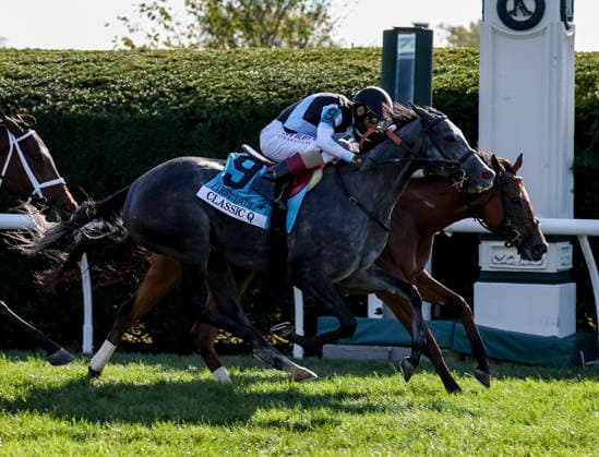 October 3, 2026, Lexington, Ky, USA: Classic Q (9) ridden by John Velazquez wins the First Lady Stakes (Grade 1) on Coolmore Turf Mile Day at Keeneland in Lexington, Kentucky on October 3, 2026. Eclipse Sportswire CSM Lexington USA - ZUMAcs17 20261003_faf_cs17_067 Copyright: xCaseyxLaughterx