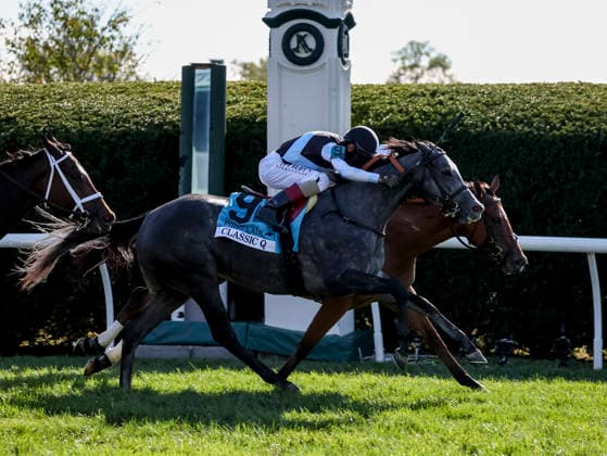October 3, 2026, Lexington, Ky, USA: Classic Q (9) ridden by John Velazquez wins the First Lady Stakes (Grade 1) on Coolmore Turf Mile Day at Keeneland in Lexington, Kentucky on October 3, 2026. Eclipse Sportswire CSM Lexington USA - ZUMAcs17 20261003_faf_cs17_068 Copyright: xCaseyxLaughterx
