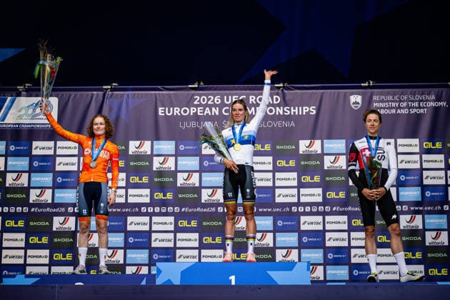PIETERSE Puck, VOLLERING Demi UEC Road Cycling European Championships Ljubljana 2026 PIETERSE Puck NED Netherlands Second Place VOLLERING Demi NED Netherlands Winner First Place REUSSER Marlen SUI Switzerland Third Place Award Ceremony Medal Ceremony Podium Landscape Format Landscape Event UEC Road Cycling European Championships 2026 Ljubljana Category: Cycling Road Cycling European Championships Road Race Elite Women Location: Europe, Slovenia, Sencur (äencur) Discipline: Road Race (RR) Distance: 129.9 km Date: October 3, 2026 (Saturday), Day 2