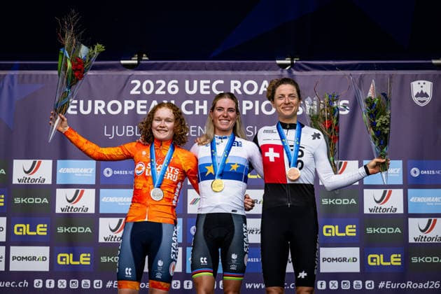 PIETERSE Puck, VOLLERING Demi UEC Road Cycling European Championships Ljubljana 2026 PIETERSE Puck NED Netherlands Second Place VOLLERING Demi NED Netherlands Winner First Place REUSSER Marlen SUI Switzerland Third Place Award Ceremony Medal Ceremony Podium Landscape Format Landscape Event UEC Road Cycling European Championships 2026 Ljubljana Category: Cycling Road Cycling European Championships Road Race Elite Women Location: Europe, Slovenia, Sencur (äencur) Discipline: Road Race (RR) Distance: 129.9 km Date: October 3, 2026 (Saturday), Day 2
