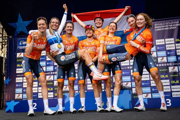 Netherlands UEC Road Cycling European Championships Ljubljana 2026 KRAAK Amber MARKUS Riejanne NOOIJEN Lieke PIETERSE Puck SWINKELS Karlijn DE VRIES Femke WIEBES Lorena VOLLERING Demi NED Netherlands Winner First Place Award Ceremony Medal Ceremony Podium Landscape Event UEC Road Cycling European Championships 2026 Ljubljana Category Cycling Road Cycling European Championships Road Race Elite Women Location Europe Slovenia Sencur Å enÄ u008Dur Discipline Road Race RR Distance 129.9 km Date October 3, 2026 Saturday Day 2
