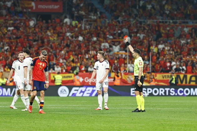 Vassilis Fotias (Referee), OCTOBER 3, 2026 - Football Soccer : Vassilis Fotias show red card to Ladislav Krejci during UEFA Nations League group stage for final tournament Group A3 Matchday 3 between Spain - Czech Republic at the Estadio Carlos Tartiere in Oviedo, Spain. Noxthirdxpartyxsales  aflo_353069866 MutsuxKawamorix