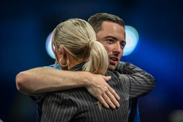 RECORD DATE NOT STATED 3rd October 2026; Mattioli Arena, Leicester, England; PDC World Grand Prix Darts Day 6; Luke Humphries gets a hug from Sky Sports presenter Emma Paton after his victory over James Wade in the semi final GodfreyxPitt
