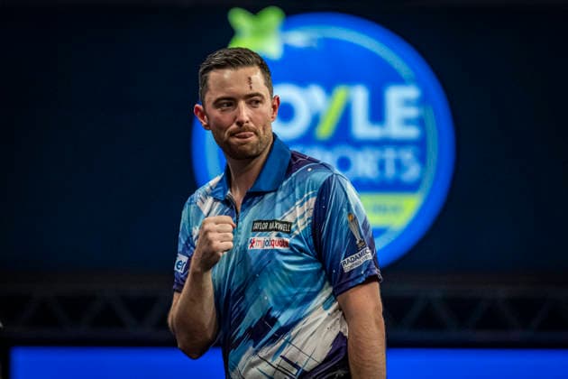 RECORD DATE NOT STATED 3rd October 2026; Mattioli Arena, Leicester, England; PDC World Grand Prix Darts Day 6; Luke Humphries celebrates winning his semi final match against James Wade GodfreyxPitt