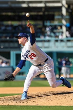 MLB, Baseball Herren, USA National League Division Series - Dodgers vs Braves Game 1 Los Angeles Dodgers pitcher Tarik Skubal throws a pitch during the sixth inning in Game 1 of the National League Division Series between the Atlanta Braves and the Los Angeles Dodgers at UNIQLO Field at Dodger Stadium in Los Angeles, California, USA, 03 October 2026. LOS ANGELES CALIFORNIA UNITED STATES  Copyright: xCHRISxTORRESx