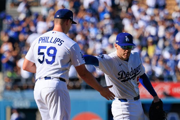 October 3, 2026, Los Angeles, California, USA: Closer Evan Phillips 59 of the Los Angeles Dodgers is congratulated by Freddie Freeman 5 after winning a NLDS Game 1 against the Atlanta Braves on Saturday October 3, 2026 at Dodger Stadium in Los Angeles, California. JAVIER ROJAS PI Los Angeles USA - ZUMAp124 20261003_zaa_p124_022 Copyright: xJavierxRojasx