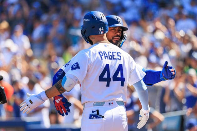 October 3, 2026, Los Angeles, California, USA: Teoscar Hernandez 37 of the Los Angeles Dodgers is congratulated by Andy Pages 44 after hitting a two-run home run in the fourth inning during a NLDS Game 1 against the Atlanta Braves on Saturday October 3, 2026 at Dodger Stadium in Los Angeles, California. JAVIER ROJAS PI Dodgers Vs. Braves NLDS - Game 1 - ZUMAp124 20261003_zaa_p124_009 Copyright: xJavierxRojasx
