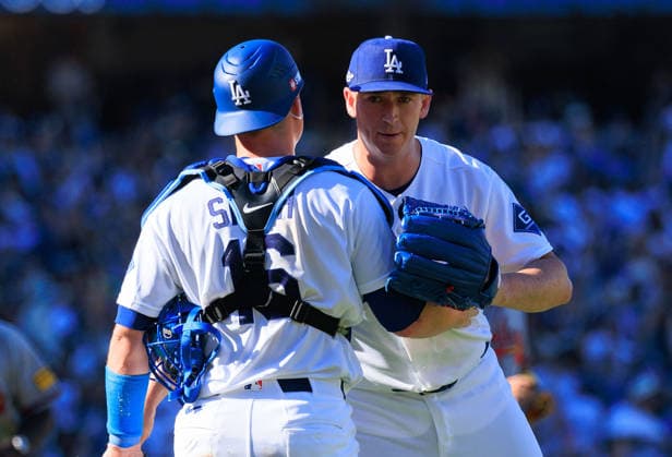 October 3, 2026, Los Angeles, California, USA: Closer Evan Phillips 59 of the Los Angeles Dodgers is congratulated by Will Smith 16 during a NLDS Game 1 against the Atlanta Braves on Saturday October 3, 2026 at Dodger Stadium in Los Angeles, California. JAVIER ROJAS PI Dodgers Vs. Braves NLDS - Game 1 - ZUMAp124 20261003_zaa_p124_021 Copyright: xJavierxRojasx