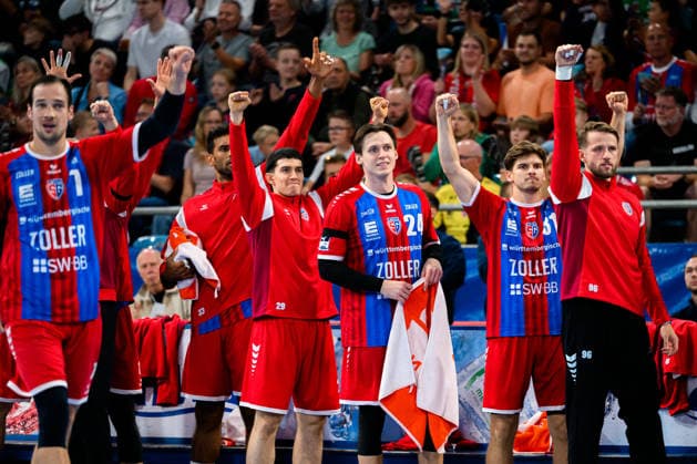 Bietigheim HBL 26 27 SG BBM Bietigheim Fuechse Berlin Moritz Strosack (Bietigheim), Maxim Orlov (Bietigheim), Alexander Pfeifer (Bietigheim) Celebration, Joy, Emotion Bietigheim Bissingen Egetrans Arena Baden-Württemberg Germany