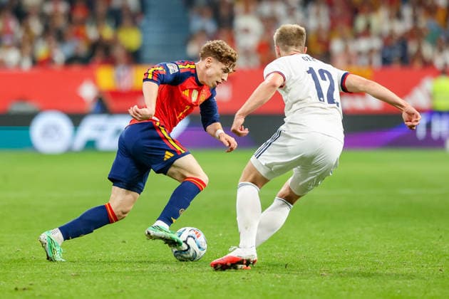 3rd October 2026; Carlos Tartiere Stadium, Oviedo, Spain; UEFA Nations League Football, Spain versus Czech Republic; Spain 7 Victor Munoz takes on Czech player AmandaxMcMaster