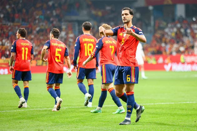 3rd October 2026; Carlos Tartiere Stadium, Oviedo, Spain; UEFA Nations League Football, Spain versus Czech Republic; Spain 6 Mikel Merino goal celebration to make the game 3-1 AmandaxMcMaster