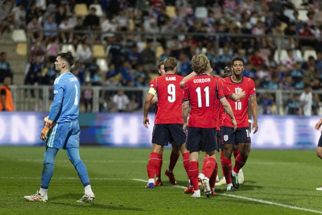 Croatia v England - UEFA Nations League RIJEKA, CROATIA - OCTOBER 03: Anthony Gordon and players of England celebrate after scoring a goal during their UEFA Nations League, League A, Group A3 soccer match at Stadion HNK Rijeka in Rijeka, Croatia on October 03, 2026. Stringer Anadolu Grad Zagreb Croatia. Editorial use only. Please get in touch for any other usage. Copyright: x2026xAnadoluxStringerx