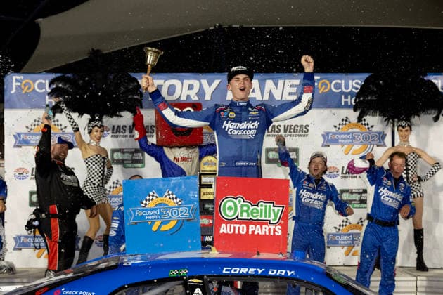 LAS VEGAS, CA - OCTOBER 03: Corey Day ( 17 Hendrick Motorsports HendrickCars.com Chevrolet) celebrates in victory lane after winning the Focused Health 302 NASCAR, Motorsport, USA O™Reilly Auto Parts Series race on October 3, 2026, at Las Vegas Motor Speedway in Las Vegas, NV. (Photo by Jeff Speer LVMS Icon Sportswire) AUTO: OCT 03 NASCAR O™Reilly Auto Parts Series Focused Health 302 EDITORIAL USE ONLY Icon26100312565