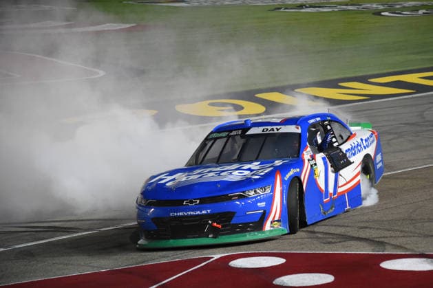 LAS VEGAS, NV - OCTOBER 03: Corey Day ( 17 Hendrick Motorsports HendrickCars.com Chevrolet) does a burnout to celebrate winning the race during the NASCAR, Motorsport, USA OÕReilly Auto Parts Series Focused Health 302 on October 03, 2026, at Las Vegas Motor Speedway in Las Vegas, NV. (Photo by Chris Williams LVMS Icon Sportswire) AUTO: OCT 03 NASCAR OÕReilly Auto Parts Series Focused Health 302 EDITORIAL USE ONLY Icon0072610031143