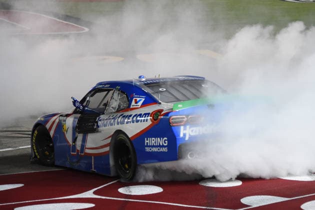 LAS VEGAS, NV - OCTOBER 03: Corey Day ( 17 Hendrick Motorsports HendrickCars.com Chevrolet) does a burnout to celebrate winning the race during the NASCAR, Motorsport, USA OÕReilly Auto Parts Series Focused Health 302 on October 03, 2026, at Las Vegas Motor Speedway in Las Vegas, NV. (Photo by Chris Williams LVMS Icon Sportswire) AUTO: OCT 03 NASCAR OÕReilly Auto Parts Series Focused Health 302 EDITORIAL USE ONLY Icon0072610031146