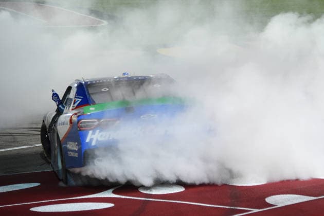 LAS VEGAS, NV - OCTOBER 03: Corey Day ( 17 Hendrick Motorsports HendrickCars.com Chevrolet) does a burnout to celebrate winning the race during the NASCAR, Motorsport, USA OÕReilly Auto Parts Series Focused Health 302 on October 03, 2026, at Las Vegas Motor Speedway in Las Vegas, NV. (Photo by Chris Williams LVMS Icon Sportswire) AUTO: OCT 03 NASCAR OÕReilly Auto Parts Series Focused Health 302 EDITORIAL USE ONLY Icon0072610031147