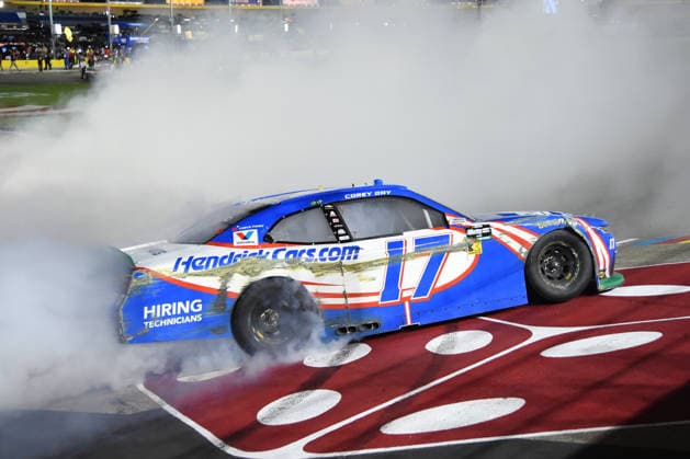 LAS VEGAS, NV - OCTOBER 03: Corey Day ( 17 Hendrick Motorsports HendrickCars.com Chevrolet) does a burnout to celebrate winning the race during the NASCAR, Motorsport, USA OÕReilly Auto Parts Series Focused Health 302 on October 03, 2026, at Las Vegas Motor Speedway in Las Vegas, NV. (Photo by Chris Williams LVMS Icon Sportswire) AUTO: OCT 03 NASCAR OÕReilly Auto Parts Series Focused Health 302 EDITORIAL USE ONLY Icon0072610031148