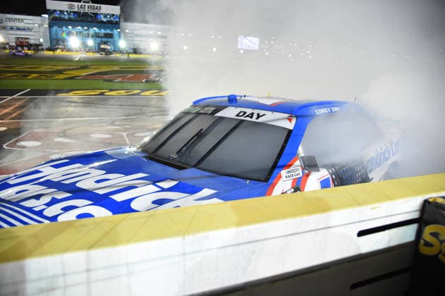 LAS VEGAS, NV - OCTOBER 03: Corey Day ( 17 Hendrick Motorsports HendrickCars.com Chevrolet) does a burnout to celebrate winning the race during the NASCAR, Motorsport, USA OÕReilly Auto Parts Series Focused Health 302 on October 03, 2026, at Las Vegas Motor Speedway in Las Vegas, NV. (Photo by Chris Williams LVMS Icon Sportswire) AUTO: OCT 03 NASCAR OÕReilly Auto Parts Series Focused Health 302 EDITORIAL USE ONLY Icon0072610031150