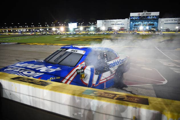 LAS VEGAS, NV - OCTOBER 03: Corey Day ( 17 Hendrick Motorsports HendrickCars.com Chevrolet) does a burnout to celebrate winning the race during the NASCAR, Motorsport, USA OÕReilly Auto Parts Series Focused Health 302 on October 03, 2026, at Las Vegas Motor Speedway in Las Vegas, NV. (Photo by Chris Williams LVMS Icon Sportswire) AUTO: OCT 03 NASCAR OÕReilly Auto Parts Series Focused Health 302 EDITORIAL USE ONLY Icon0072610031154