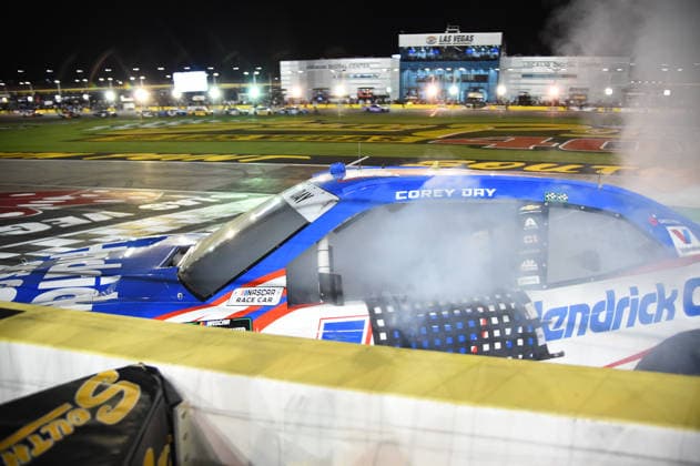 LAS VEGAS, NV - OCTOBER 03: Corey Day ( 17 Hendrick Motorsports HendrickCars.com Chevrolet) does a burnout to celebrate winning the race during the NASCAR, Motorsport, USA OÕReilly Auto Parts Series Focused Health 302 on October 03, 2026, at Las Vegas Motor Speedway in Las Vegas, NV. (Photo by Chris Williams LVMS Icon Sportswire) AUTO: OCT 03 NASCAR OÕReilly Auto Parts Series Focused Health 302 EDITORIAL USE ONLY Icon0072610031153