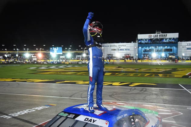LAS VEGAS, NV - OCTOBER 03: Corey Day ( 17 Hendrick Motorsports HendrickCars.com Chevrolet) climbs on top of his car and pumps his fist to celebrate winning the race during the NASCAR, Motorsport, USA OÕReilly Auto Parts Series Focused Health 302 on October 03, 2026, at Las Vegas Motor Speedway in Las Vegas, NV. (Photo by Chris Williams LVMS Icon Sportswire) AUTO: OCT 03 NASCAR OÕReilly Auto Parts Series Focused Health 302 EDITORIAL USE ONLY Icon0072610031159