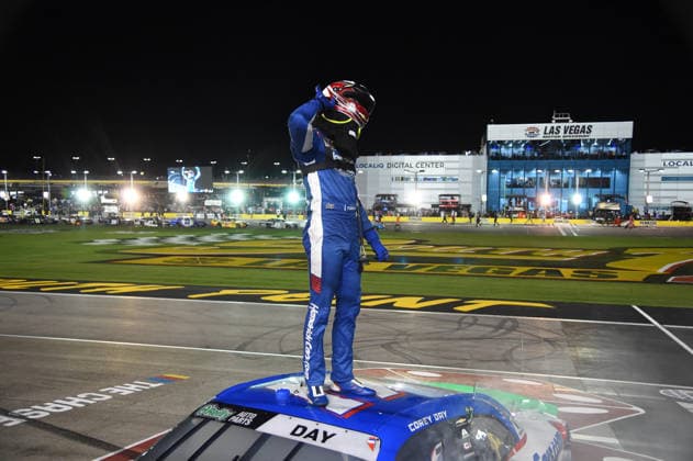 LAS VEGAS, NV - OCTOBER 03: Corey Day ( 17 Hendrick Motorsports HendrickCars.com Chevrolet) climbs on top of his car and gets the crowd to react to celebrate winning the race during the NASCAR, Motorsport, USA OÕReilly Auto Parts Series Focused Health 302 on October 03, 2026, at Las Vegas Motor Speedway in Las Vegas, NV. (Photo by Chris Williams LVMS Icon Sportswire) AUTO: OCT 03 NASCAR OÕReilly Auto Parts Series Focused Health 302 EDITORIAL USE ONLY Icon0072610031160
