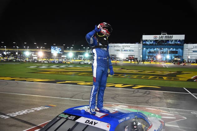 LAS VEGAS, NV - OCTOBER 03: Corey Day ( 17 Hendrick Motorsports HendrickCars.com Chevrolet) climbs on top of his car and gets the crowd to react to celebrate winning the race during the NASCAR, Motorsport, USA OÕReilly Auto Parts Series Focused Health 302 on October 03, 2026, at Las Vegas Motor Speedway in Las Vegas, NV. (Photo by Chris Williams LVMS Icon Sportswire) AUTO: OCT 03 NASCAR OÕReilly Auto Parts Series Focused Health 302 EDITORIAL USE ONLY Icon0072610031161