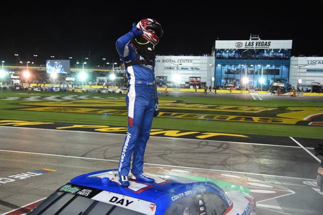 LAS VEGAS, NV - OCTOBER 03: Corey Day ( 17 Hendrick Motorsports HendrickCars.com Chevrolet) climbs on top of his car and gets the crowd to react to celebrate winning the race during the NASCAR, Motorsport, USA OÕReilly Auto Parts Series Focused Health 302 on October 03, 2026, at Las Vegas Motor Speedway in Las Vegas, NV. (Photo by Chris Williams LVMS Icon Sportswire) AUTO: OCT 03 NASCAR OÕReilly Auto Parts Series Focused Health 302 EDITORIAL USE ONLY Icon0072610031162
