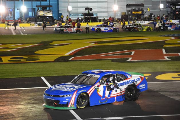 LAS VEGAS, NV - OCTOBER 03: Corey Day ( 17 Hendrick Motorsports HendrickCars.com Chevrolet) celebrates winning the race during the NASCAR, Motorsport, USA OÕReilly Auto Parts Series Focused Health 302 on October 03, 2026, at Las Vegas Motor Speedway in Las Vegas, NV. (Photo by Chris Williams LVMS Icon Sportswire) AUTO: OCT 03 NASCAR OÕReilly Auto Parts Series Focused Health 302 EDITORIAL USE ONLY Icon0072610031172