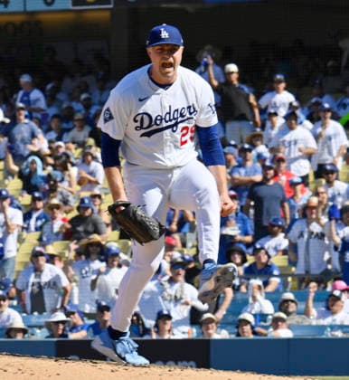 Los Angeles Dodgers starting pitcher Tarik Skubal reacts after recording the last out in the fifth inning against the Atlanta Braves in game one of the National League Division Series at Dodger Stadium on Saturday, October 3, 2026 in Los Angeles, California.  LAP20261003801 JIMxRUYMEN