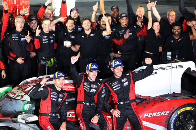 Race winners Matt Campbell (AUS), Laurens Vanthoor (BEL), and Kevin Estre (FRA) with team members and the Porsche 963 6. Award ceremony, IMSA Series, 29th Motul Petit Le Mans race, Road Atlanta, Georgia, USA, October 3, 2026, 10-hour race