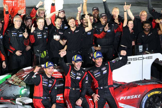 Race winners Matt Campbell (AUS), Laurens Vanthoor (BEL), and Kevin Estre (FRA) with team members and the Porsche 963 6. Award ceremony, IMSA Series, 29th Motul Petit Le Mans race, Road Atlanta, Georgia, USA, October 3, 2026, 10-hour race