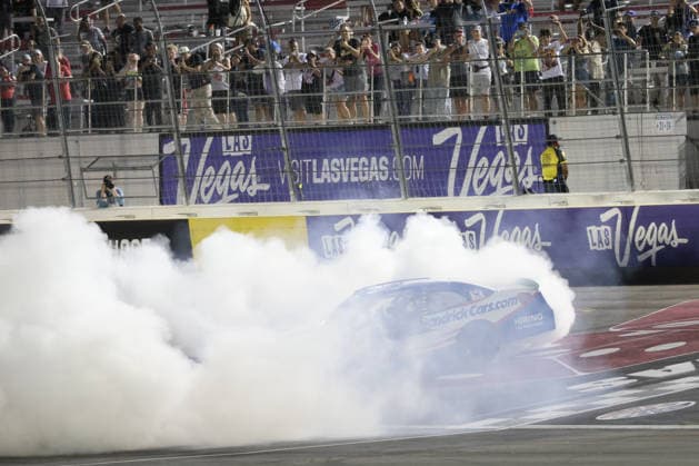 LAS VEGAS, CA - OCTOBER 03: Corey Day ( 17 Hendrick Motorsports HendrickCars.com Chevrolet) celebrates with a burnout after winning the Focused Health 302 NASCAR, Motorsport, USA O™Reilly Auto Parts Series race on October 3, 2026, at Las Vegas Motor Speedway in Las Vegas, NV. (Photo by Marc Sanchez LVMS Icon Sportswire) AUTO: OCT 03 NASCAR O™Reilly Auto Parts Series Focused Health 302 EDITORIAL USE ONLY Icon14426100315417