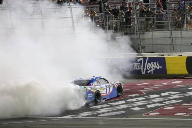 LAS VEGAS, CA - OCTOBER 03: Corey Day ( 17 Hendrick Motorsports HendrickCars.com Chevrolet) celebrates with a burnout after winning the Focused Health 302 NASCAR, Motorsport, USA O™Reilly Auto Parts Series race on October 3, 2026, at Las Vegas Motor Speedway in Las Vegas, NV. (Photo by Marc Sanchez LVMS Icon Sportswire) AUTO: OCT 03 NASCAR O™Reilly Auto Parts Series Focused Health 302 EDITORIAL USE ONLY Icon14426100315434