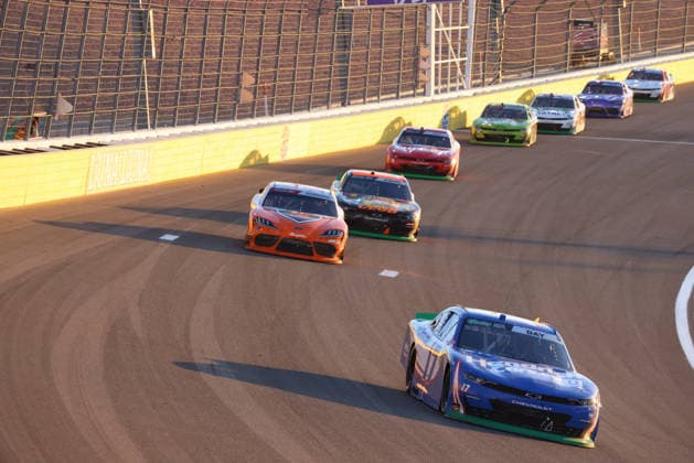 LAS VEGAS, CA - OCTOBER 03: Corey Day ( 17 Hendrick Motorsports HendrickCars.com Chevrolet) leads William Sawalich ( 18 Joe Gibbs Racing SoundGear Toyota) during the Focused Health 302 NASCAR, Motorsport, USA O™Reilly Auto Parts Series race on October 3, 2026, at Las Vegas Motor Speedway in Las Vegas, NV. (Photo by Marc Sanchez LVMS Icon Sportswire) AUTO: OCT 03 NASCAR O™Reilly Auto Parts Series Focused Health 302 EDITORIAL USE ONLY Icon14426100315569