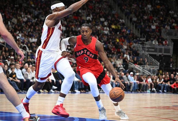October 3, 2026, Quebec, On, Canada: Toronto Raptors; RJ Barrett, right, drives past Miami Heat s Bam Adebayo, left, during NBA, Basketball Herren, USA preseason basketball action in Quebec City, Saturday, Oct. 3, 2026. Canada News - October 3, 2026 - ZUMAc35_ 20261003_zaf_c35_146 Copyright: xJacquesxBoissinotx
