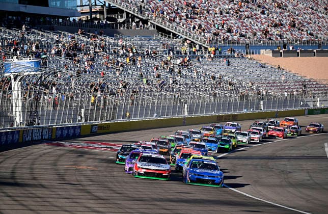 LAS VEGAS, NV - OCTOBER 03: Corey Day ( 17 Hendrick Motorsports HendrickCars.com Chevrolet) leads the field towards turn one along side of Sheldon Creed ( 00 Haas Factory Team Road Ranger Chevrolet) during the opening lap of the NASCAR, Motorsport, USA O™Reilly Auto Parts Series Focused Health 302 playoff race at Las Vegas Motor Speedway Saturday Oct. 3, 2026 in Las Vegas, Nevada. (Photo by Will Lester Icon Sportswire) AUTO: OCT 03 NASCAR O™Reilly Auto Parts Series Focused Health 302 EDITORIAL USE ONLY Icon26100320532